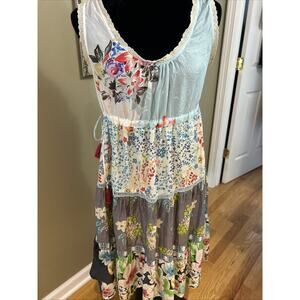 Johnny Was silk sleeveless mixed florals tiered dress sz s taping applique